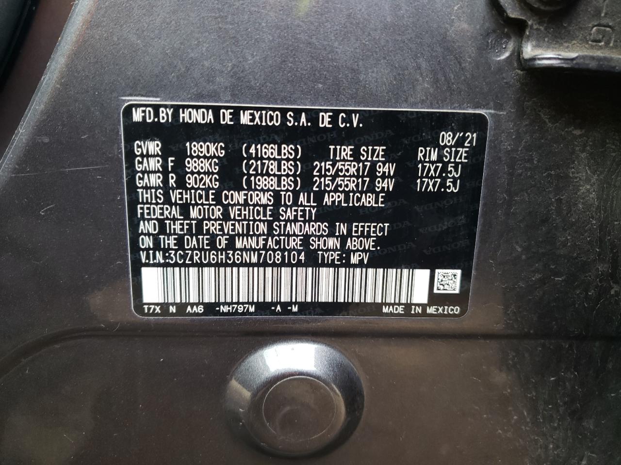2022 HONDA HR-V LX VIN:3CZRU6H36NM708104