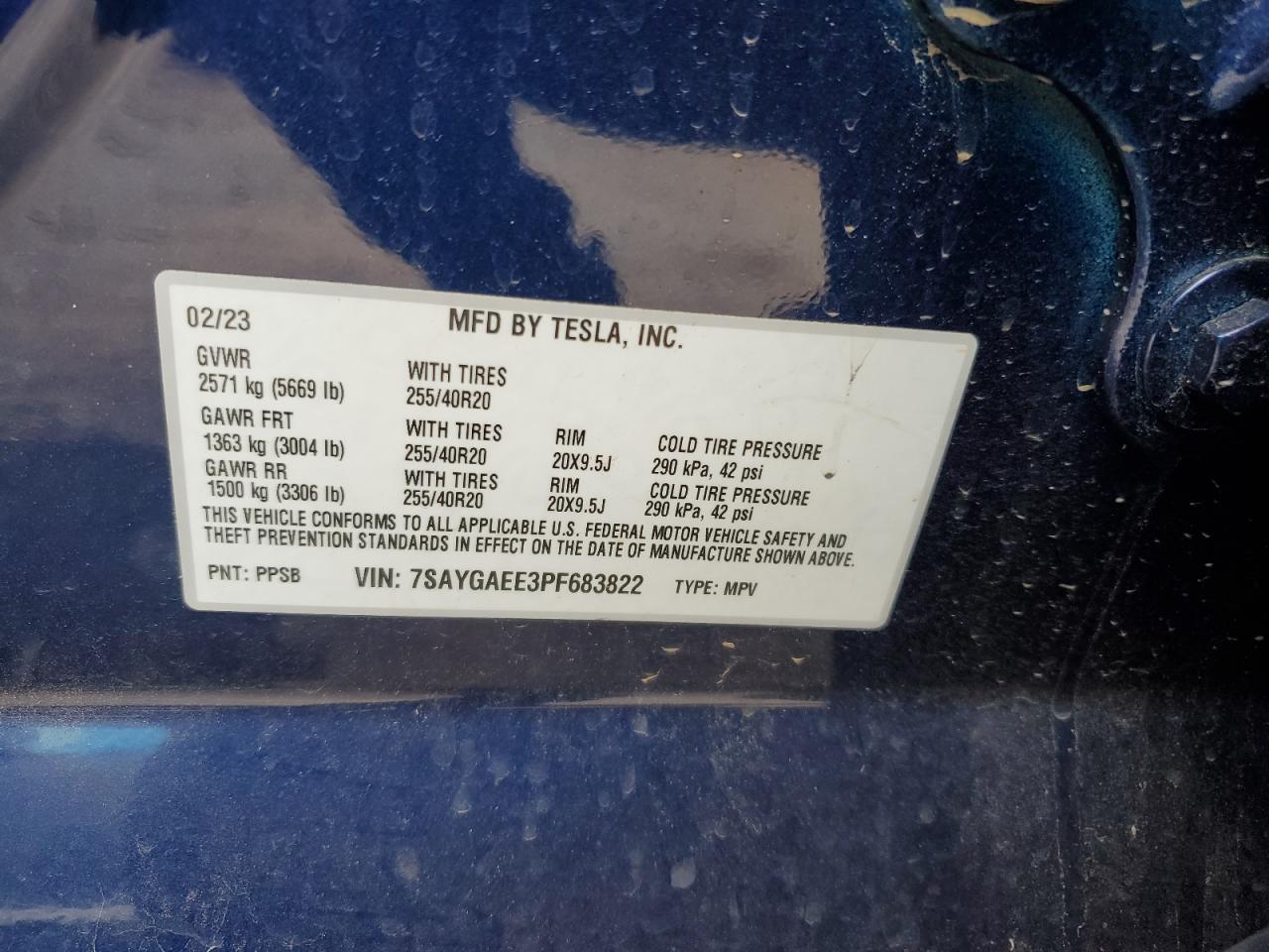 2023 TESLA MODEL Y VIN:7SAYGAEE3PF683822