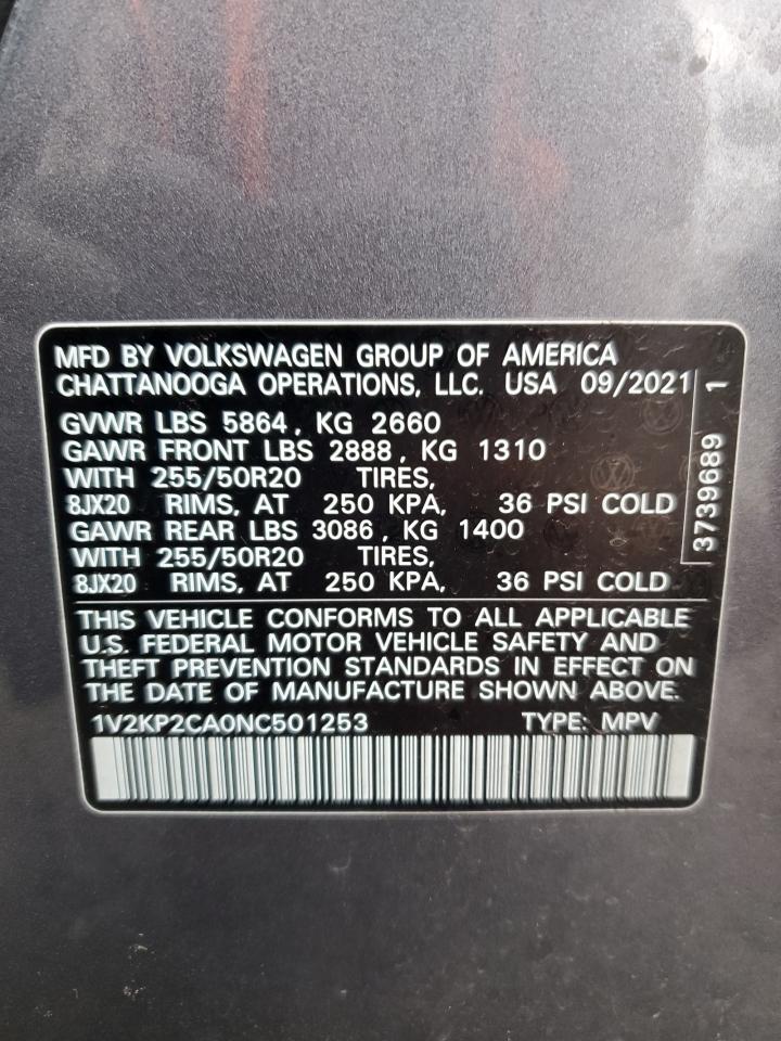 2022 VOLKSWAGEN ATLAS SE VIN:1V2KP2CA0NC501253