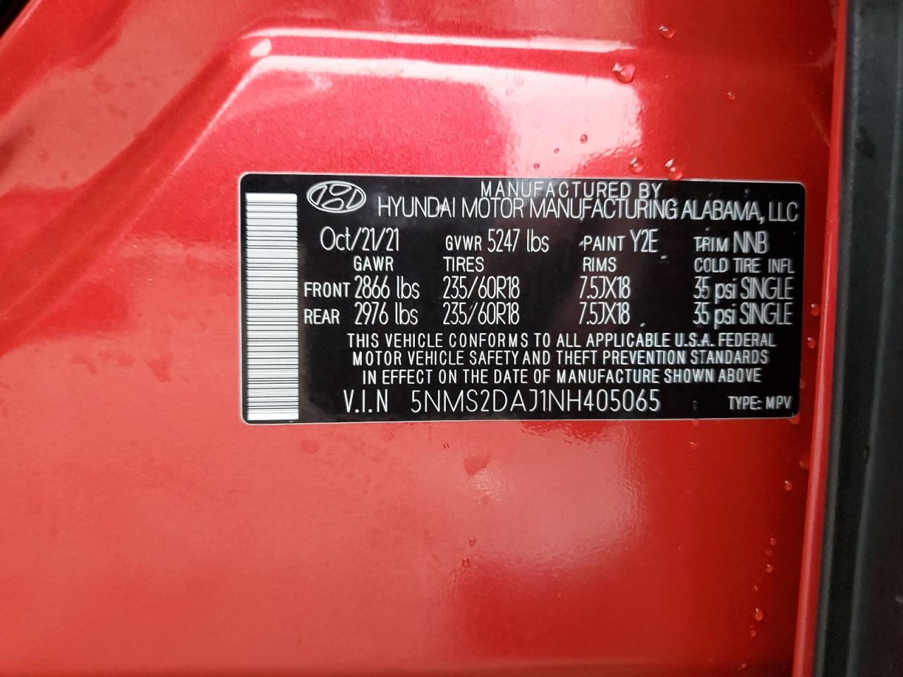 2022 HYUNDAI SANTA FE SEL VIN:5NMS2DAJ1NH405065