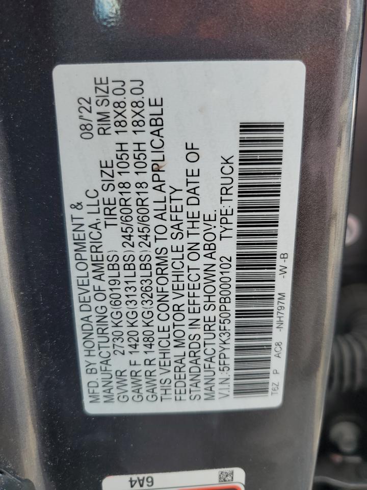 2023 HONDA RIDGELINE RTL VIN:5FPYK3F50PB000102