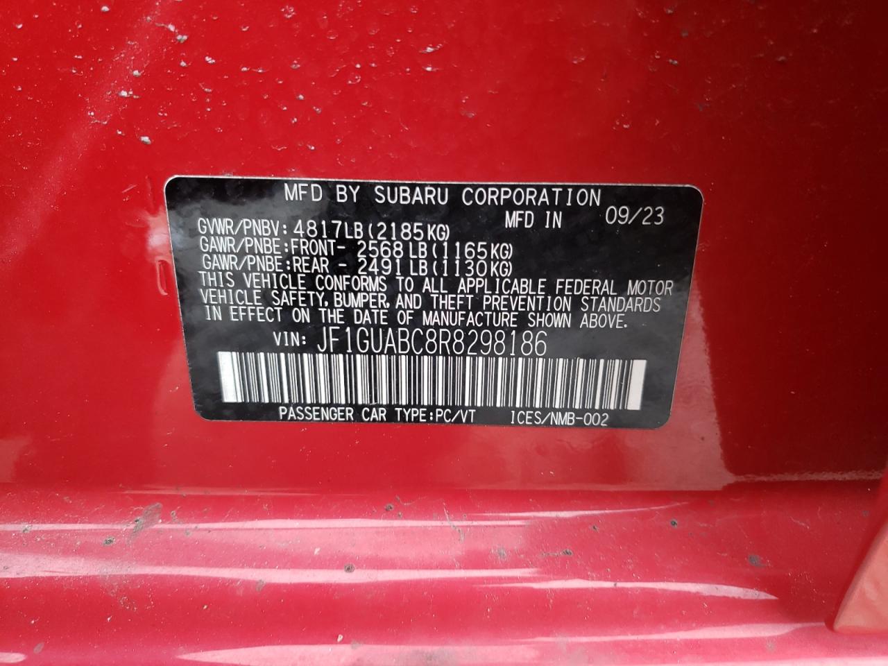 2024 SUBARU IMPREZA VIN:JF1GUABC8R8298186