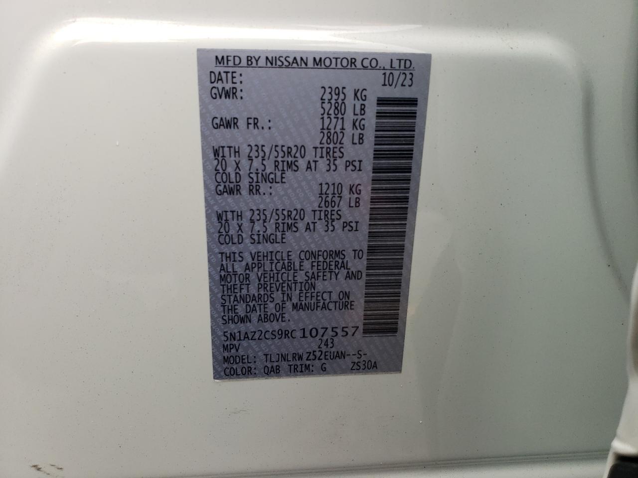 2024 NISSAN MURANO SL VIN:5N1AZ2CS9RC107557