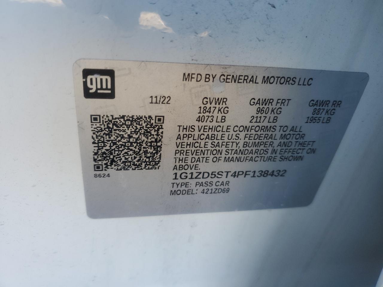 2023 CHEVROLET MALIBU LT VIN:1G1ZD5ST4PF138432