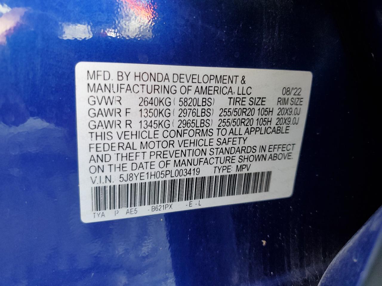 2023 ACURA MDX A-SPEC VIN:5J8YE1H05PL003419