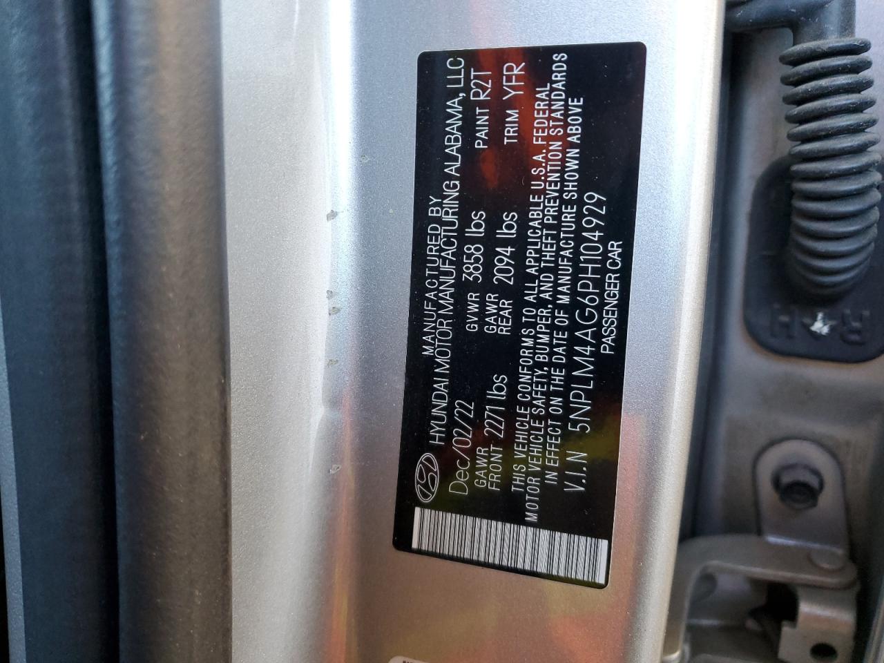 2023 HYUNDAI ELANTRA SEL VIN:5NPLM4AG6PH104929