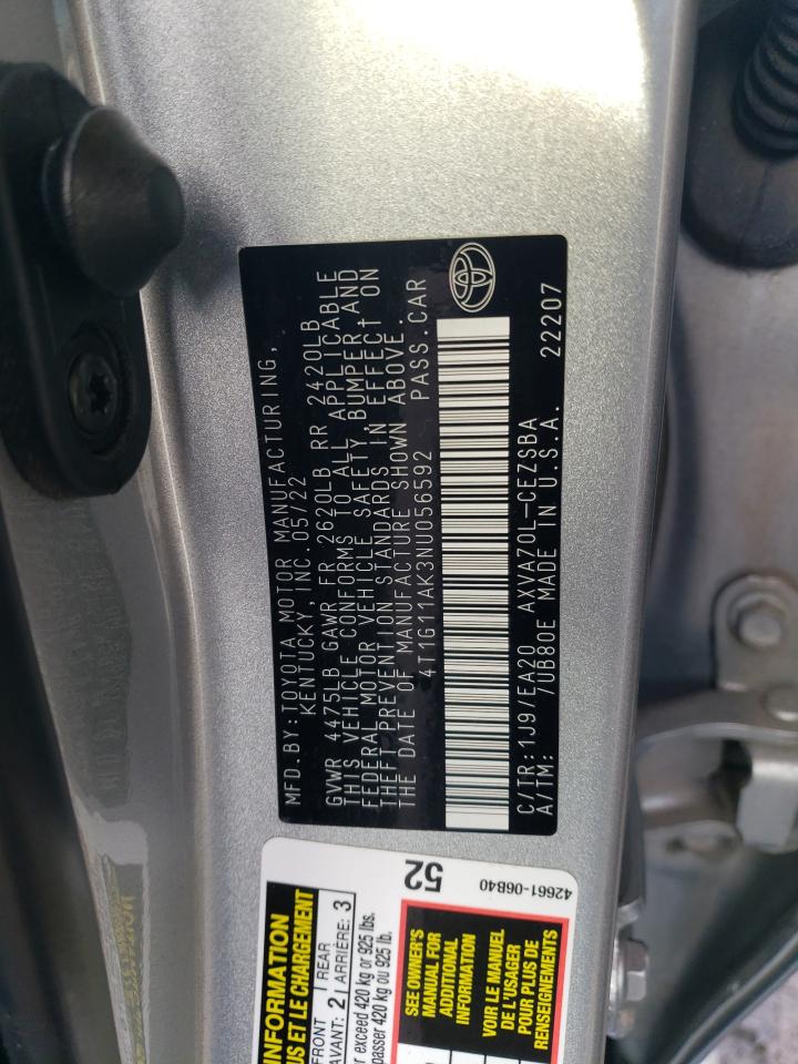 2022 TOYOTA CAMRY SE VIN:4T1G11AK3NU056592