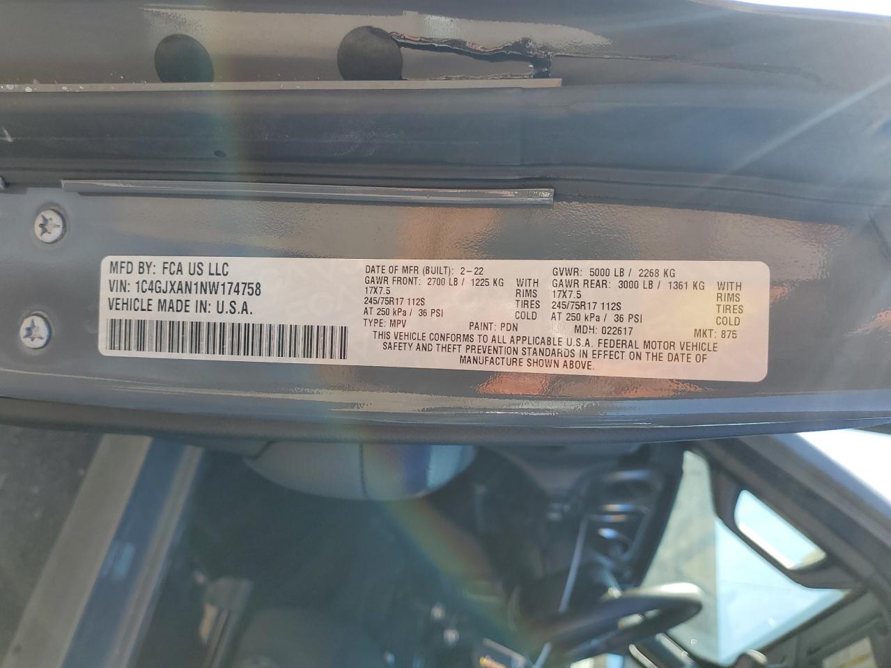 2022 JEEP WRANGLER SPORT VIN:1C4GJXAN1NW174758