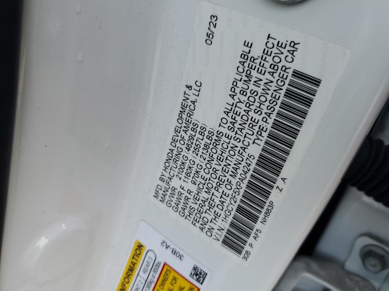 2023 HONDA ACCORD HYBRID SPORT VIN:1HGCY2F5XPA042475