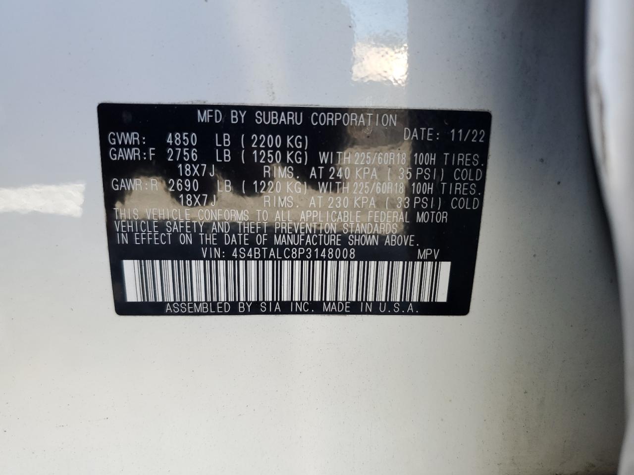 2023 SUBARU OUTBACK ONYX EDITION VIN:4S4BTALC8P3148008