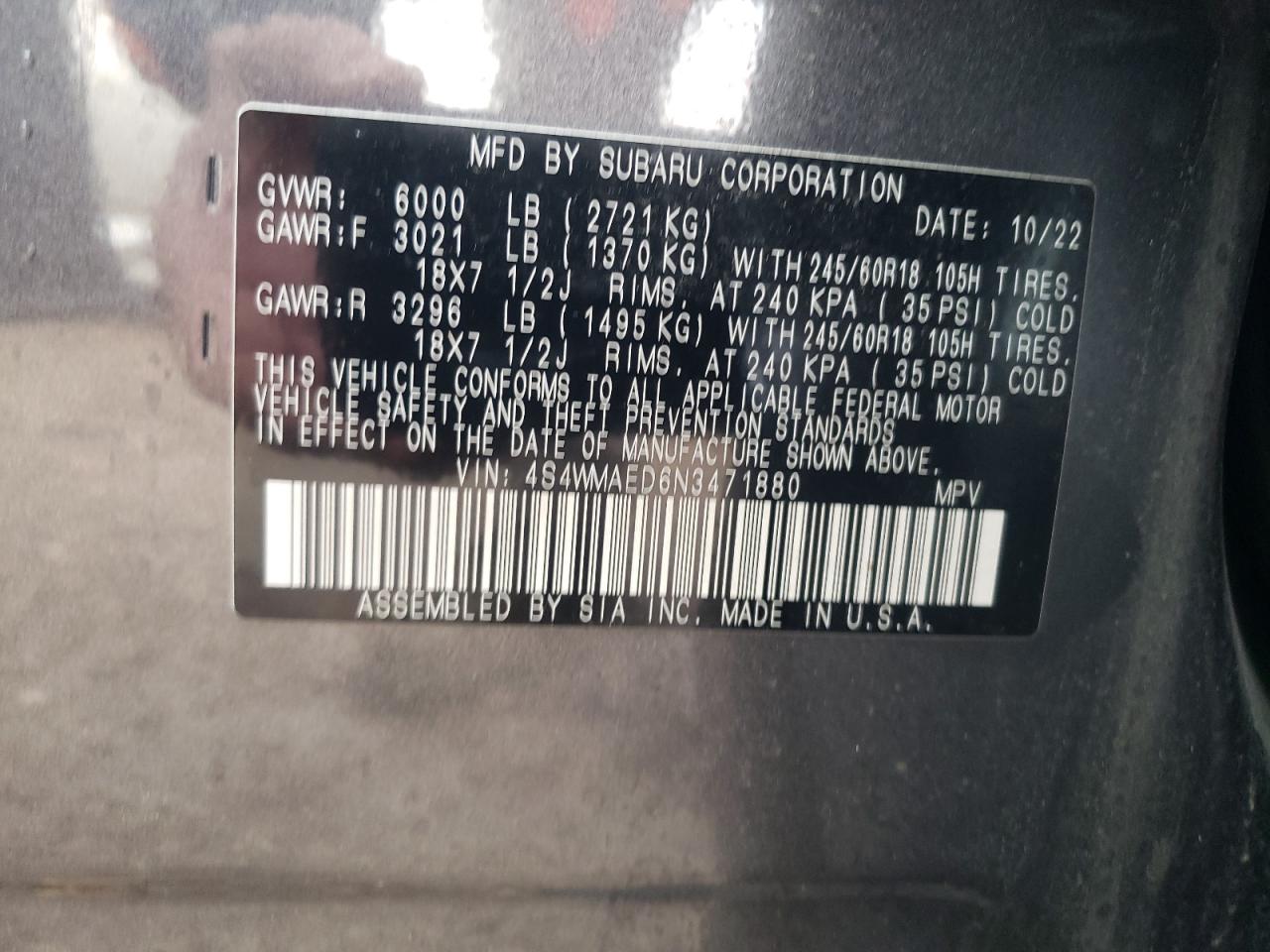 2022 SUBARU ASCENT PREMIUM VIN:4S4WMAED6N3471880