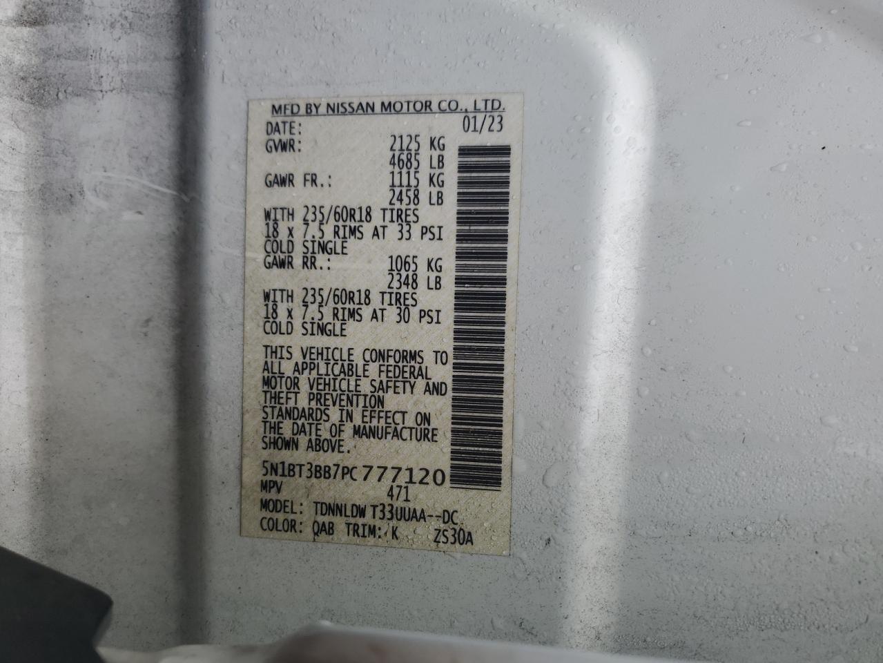 2023 NISSAN ROGUE SV VIN:5N1BT3BB7PC777120