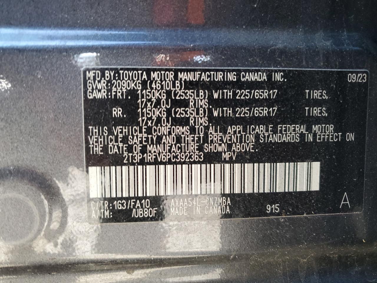 2023 TOYOTA RAV4 XLE VIN:2T3P1RFV6PC392363