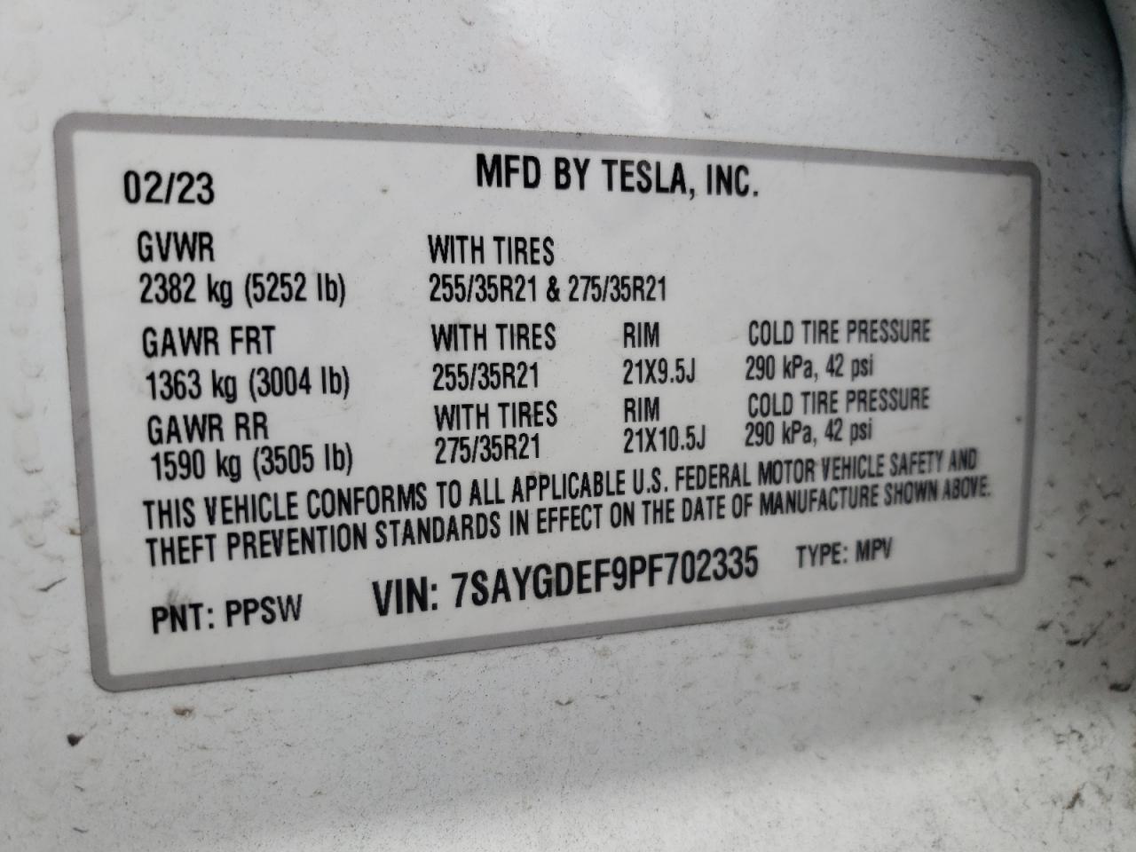 2023 TESLA MODEL Y VIN:7SAYGDEF9PF702335