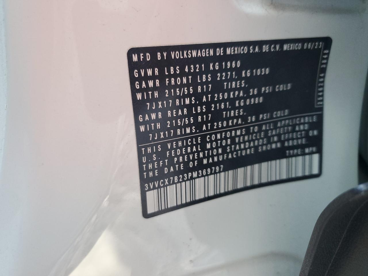 2023 VOLKSWAGEN TAOS S VIN:3VVCX7B23PM369797