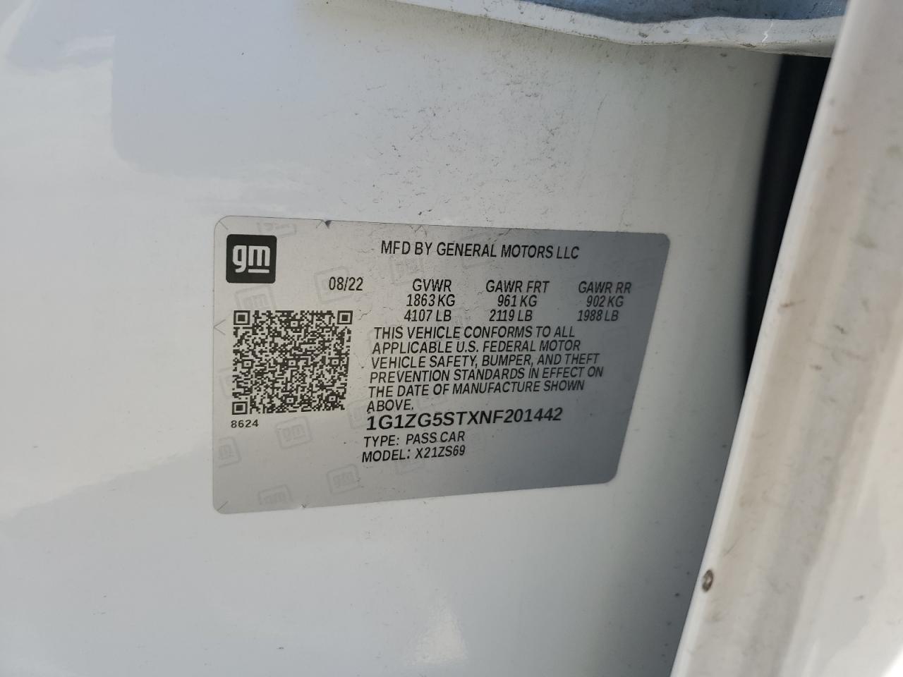 2022 CHEVROLET MALIBU RS VIN:1G1ZG5STXNF201442