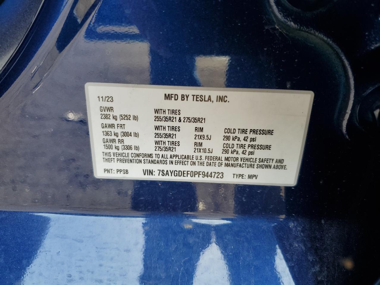 2023 TESLA MODEL Y VIN:7SAYGDEF0PF944723