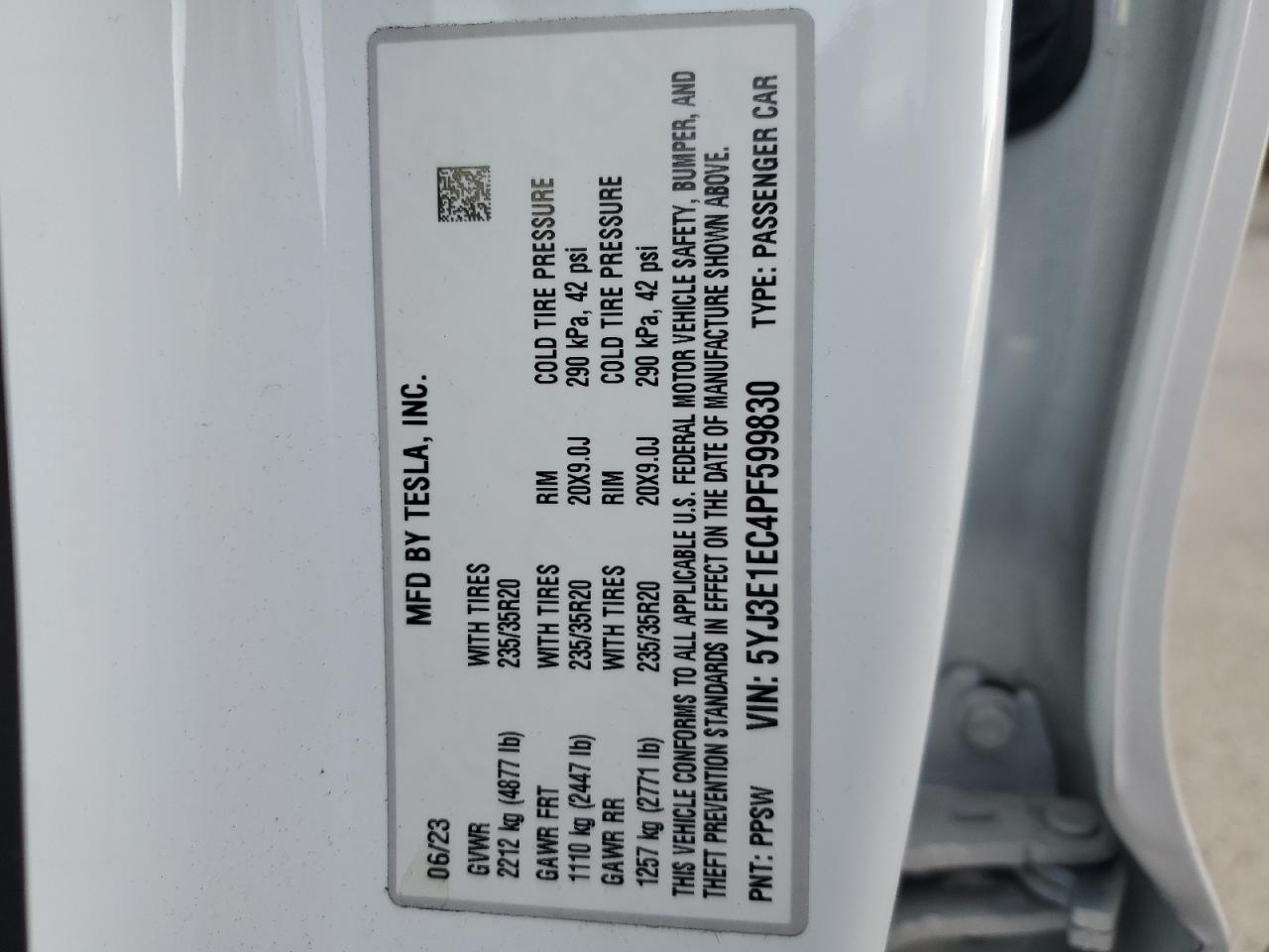 2023 TESLA MODEL 3 VIN:5YJ3E1EC4PF599830