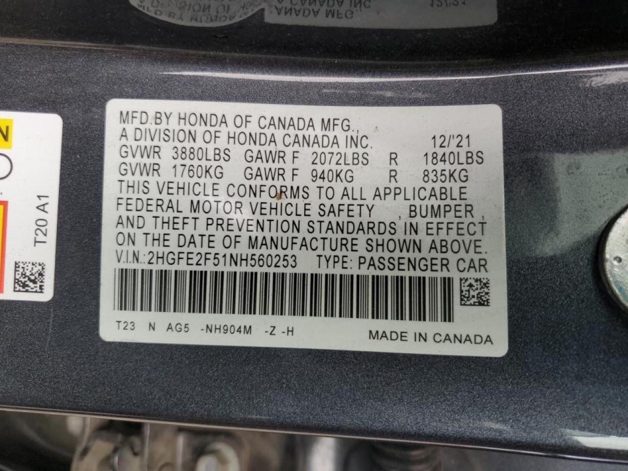 2022 HONDA CIVIC SPORT VIN:2HGFE2F51NH560253