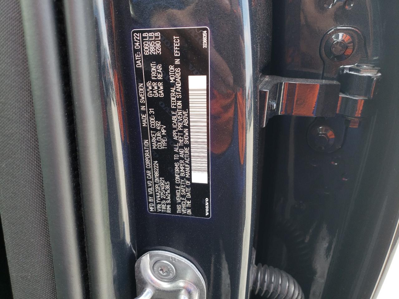 2022 VOLVO XC90 T6 INSCRIPTION VIN:YV4A22PL0N1862224
