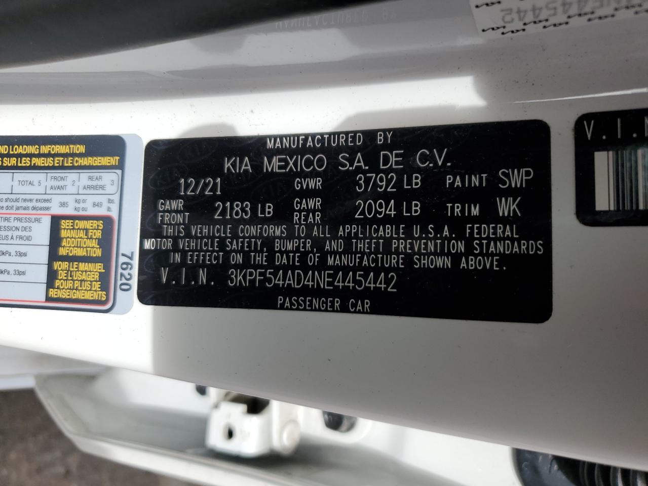 2022 KIA FORTE GT LINE VIN:3KPF54AD4NE445442