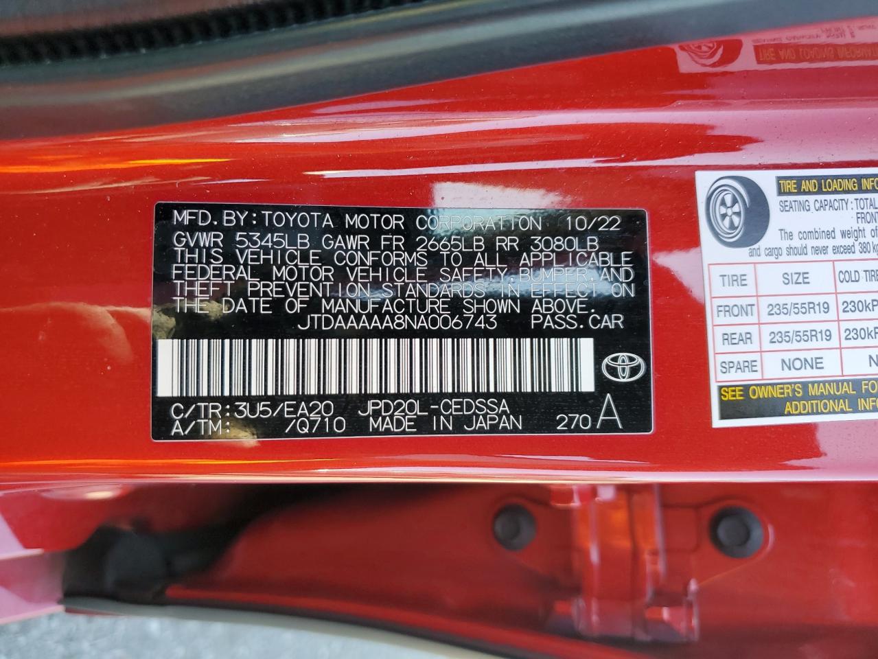2022 TOYOTA MIRAI LE VIN:JTDAAAAA8NA006743
