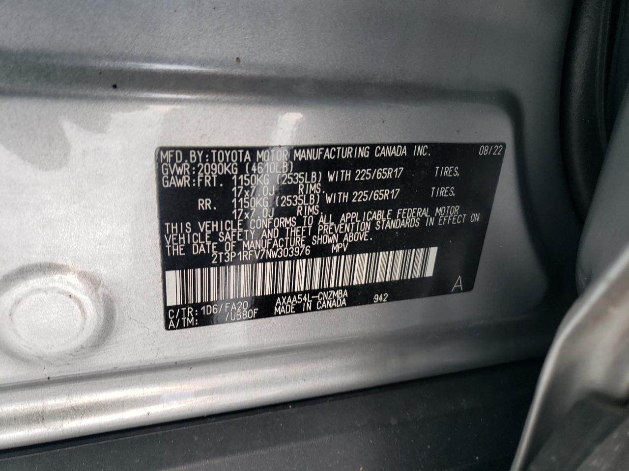 2022 TOYOTA RAV4 XLE VIN:JN8AS5MV2DW615741