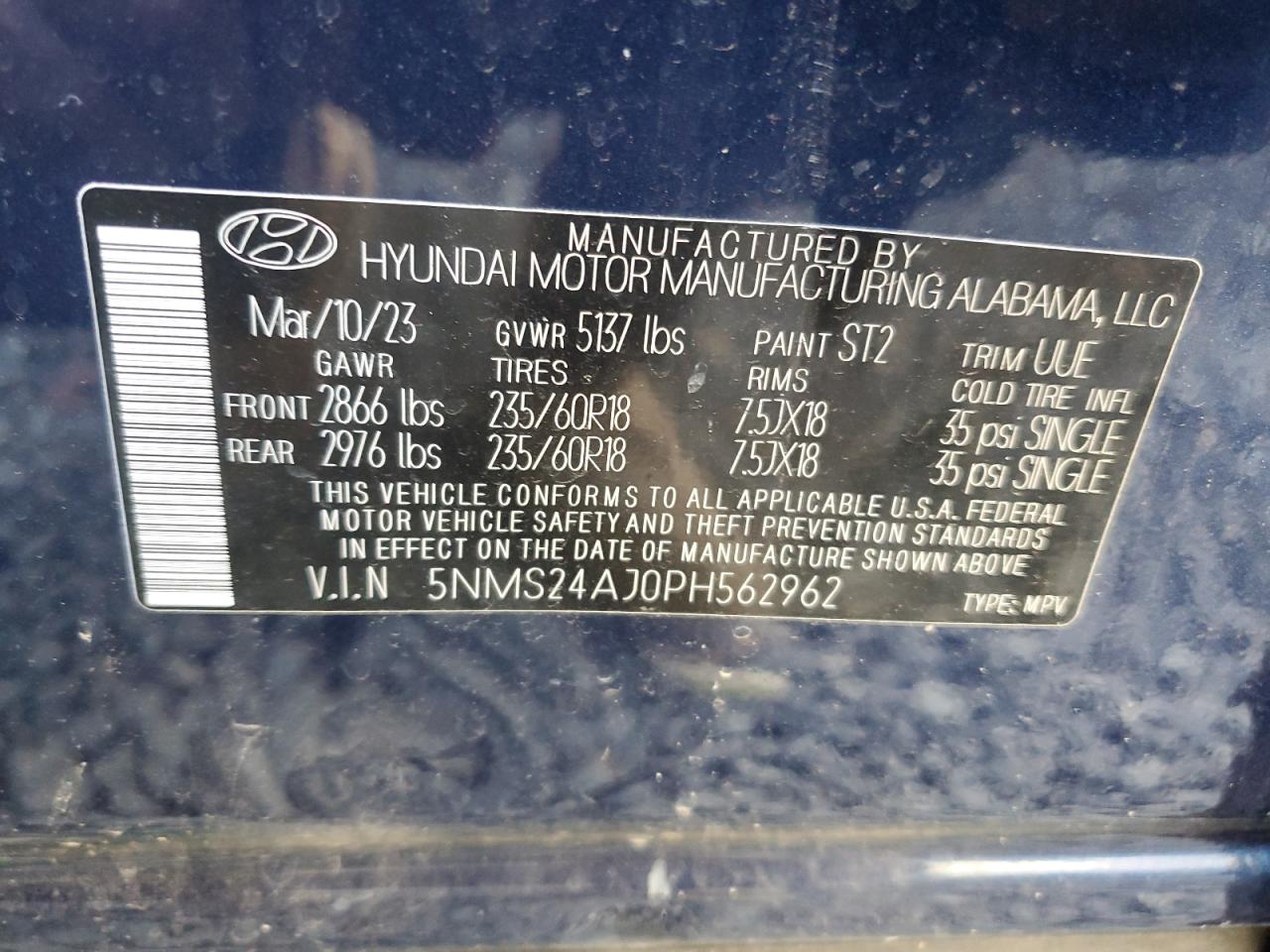 2023 HYUNDAI SANTA FE SEL VIN:5NMS24AJ0PH562962