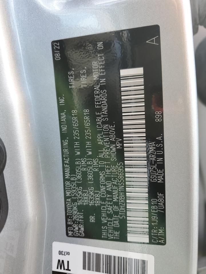 2022 TOYOTA HIGHLANDER XLE VIN:5TDHZRBH1NS586955