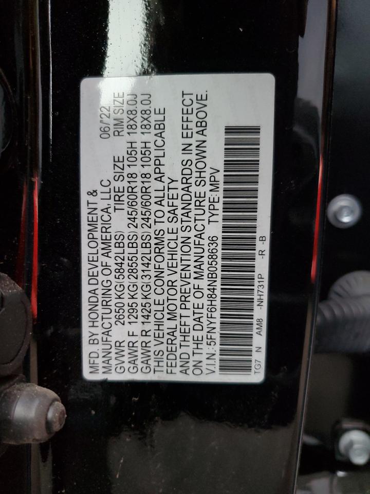 2022 HONDA PILOT TRAILSPORT VIN:5FNYF6H84NB058636