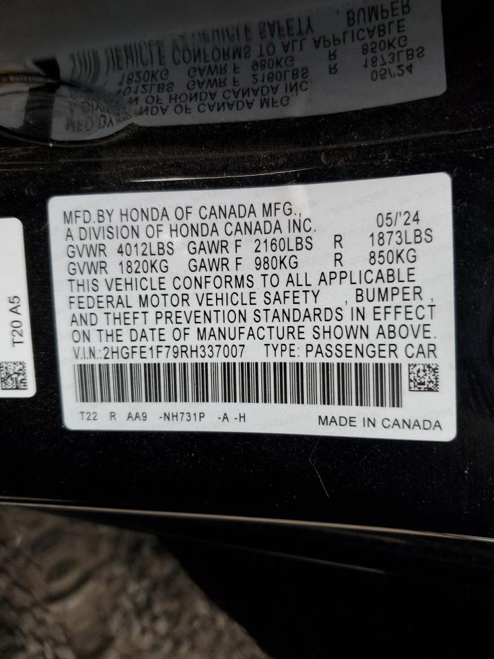 2024 HONDA CIVIC EX VIN:2HGFE1F79RH337007