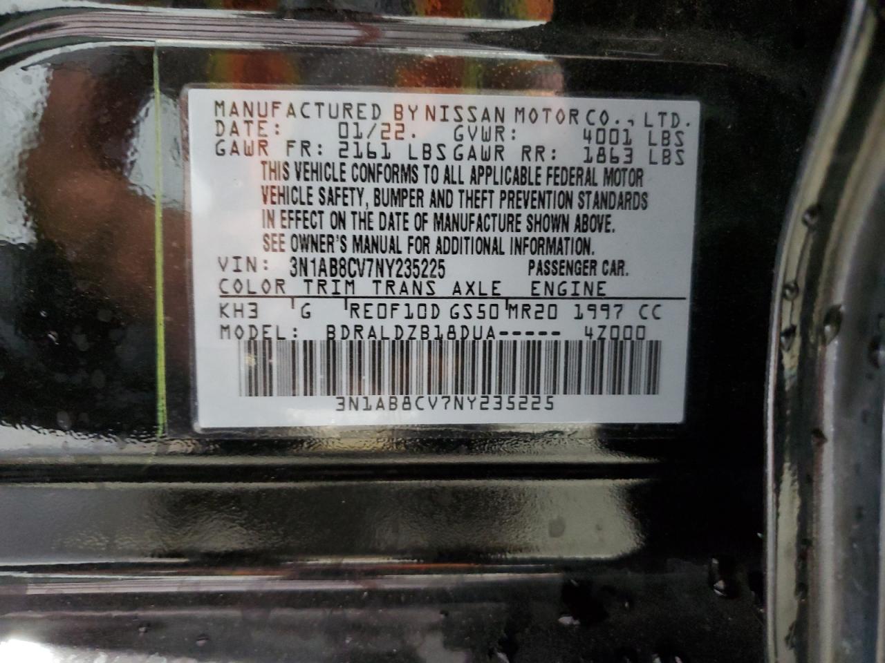 2022 NISSAN SENTRA SV VIN:3N1AB8CV7NY235225