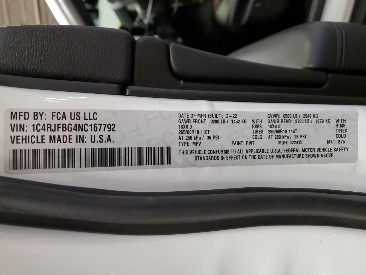 2022 JEEP GRAND CHEROKEE LIMITED VIN:1C4RJFBG4NC167792