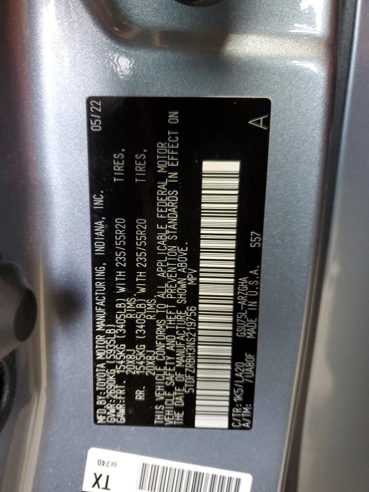2022 TOYOTA HIGHLANDER PLATINUM VIN:5TDFZRBH3NS219756