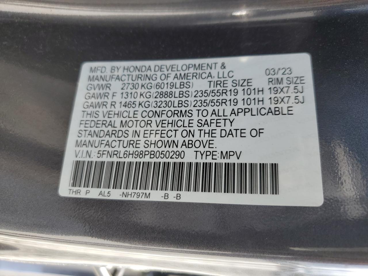 2023 HONDA ODYSSEY ELITE VIN:5FNRL6H98PB050290