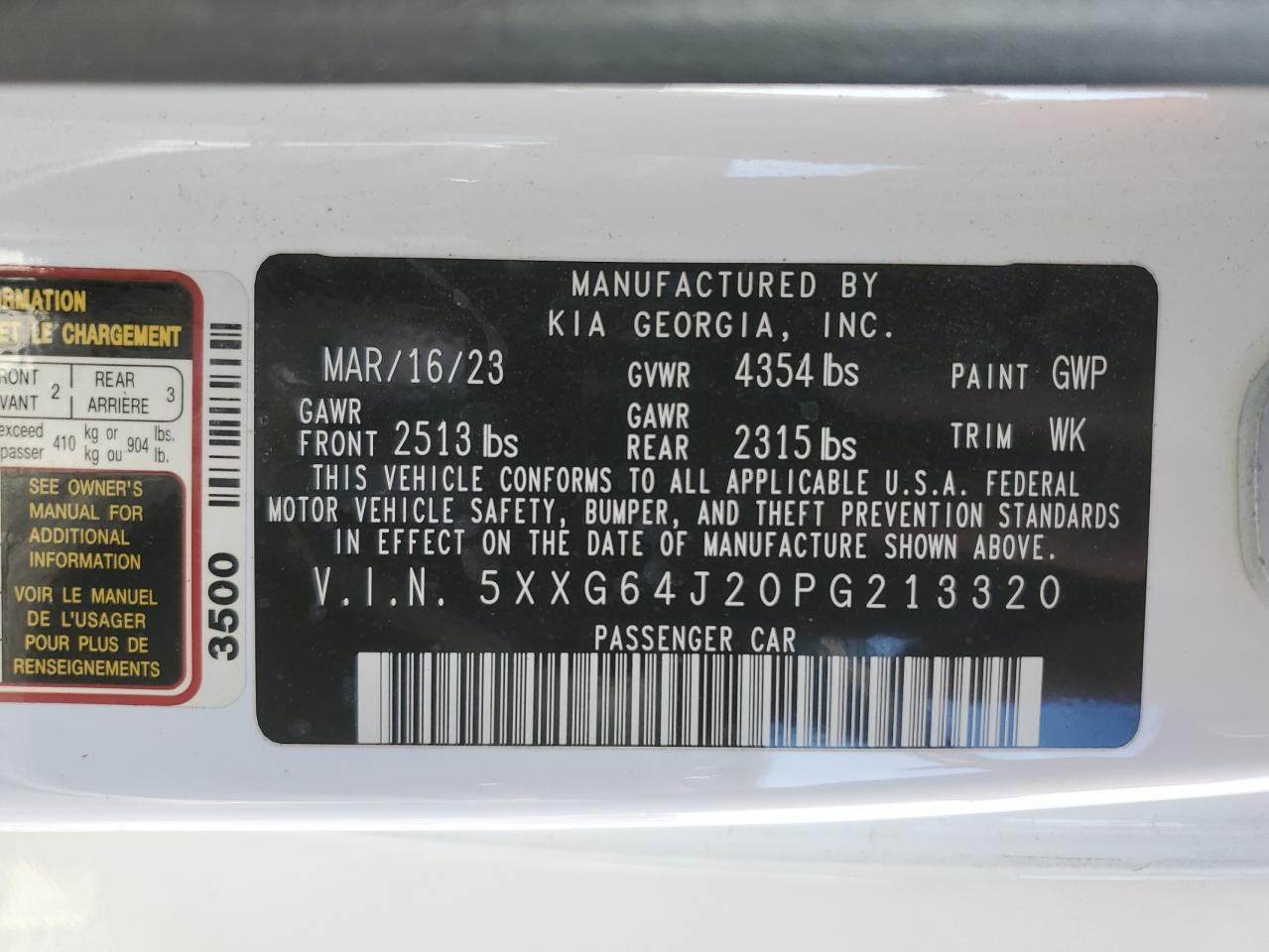 2023 KIA K5 GT LINE VIN:5XXG64J20PG213320