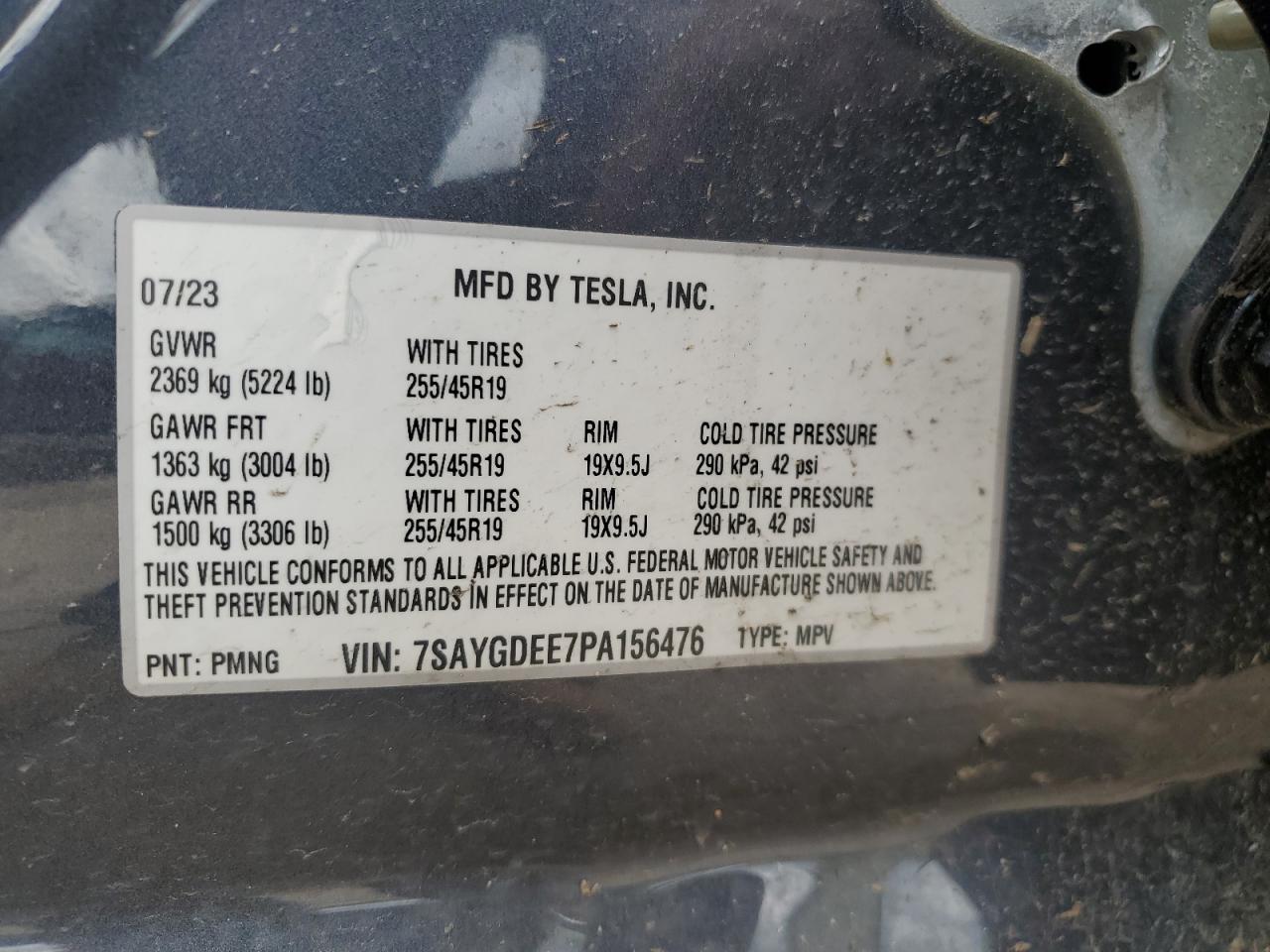 2023 TESLA MODEL Y VIN:7SAYGDEE7PA156476