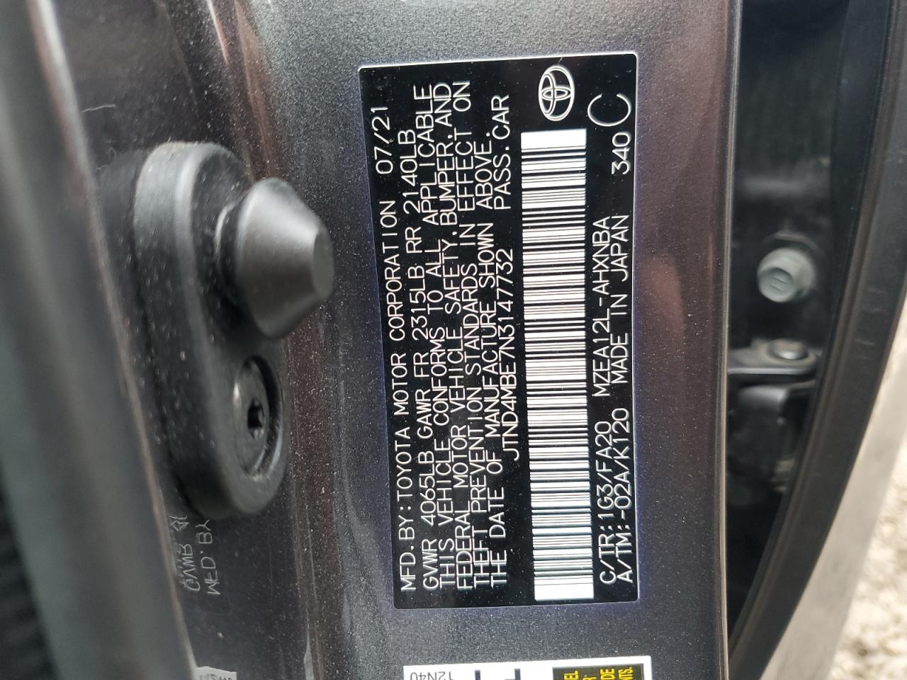 2022 TOYOTA COROLLA SE VIN:JTND4MBE7N3147732