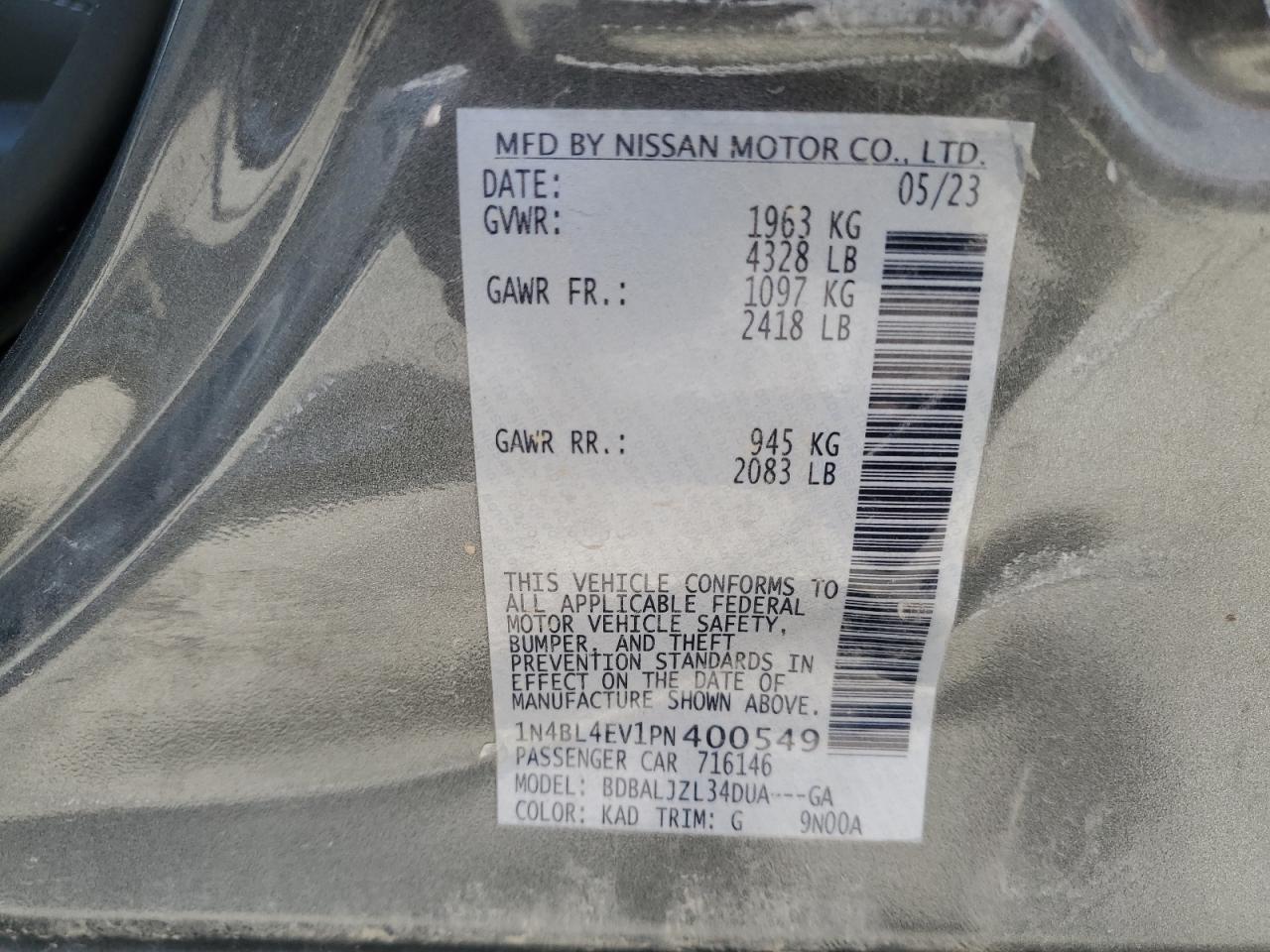 2023 NISSAN ALTIMA SL VIN:1N4BL4EV1PN400549