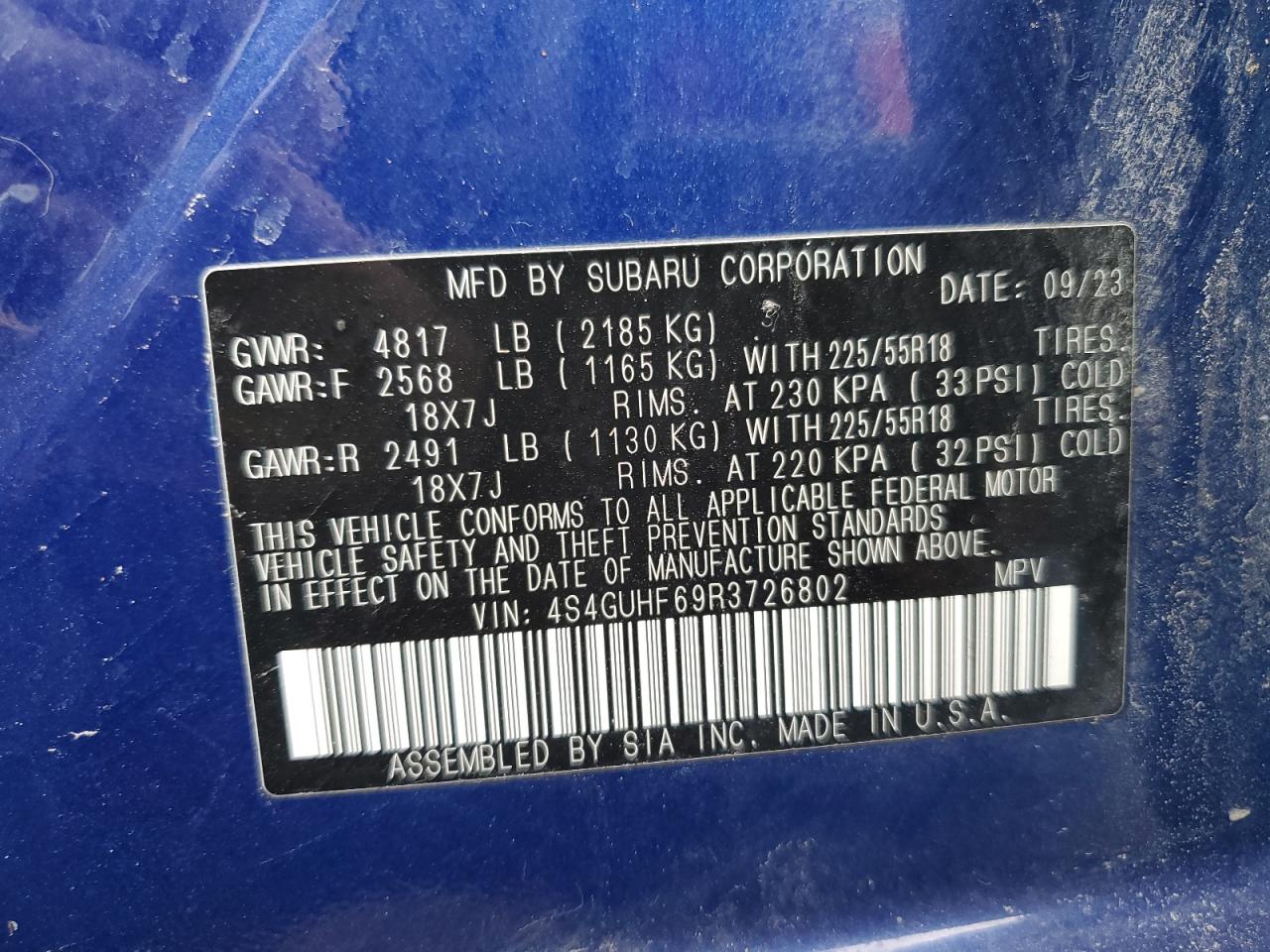 2024 SUBARU CROSSTREK SPORT VIN:4S4GUHF69R3726802