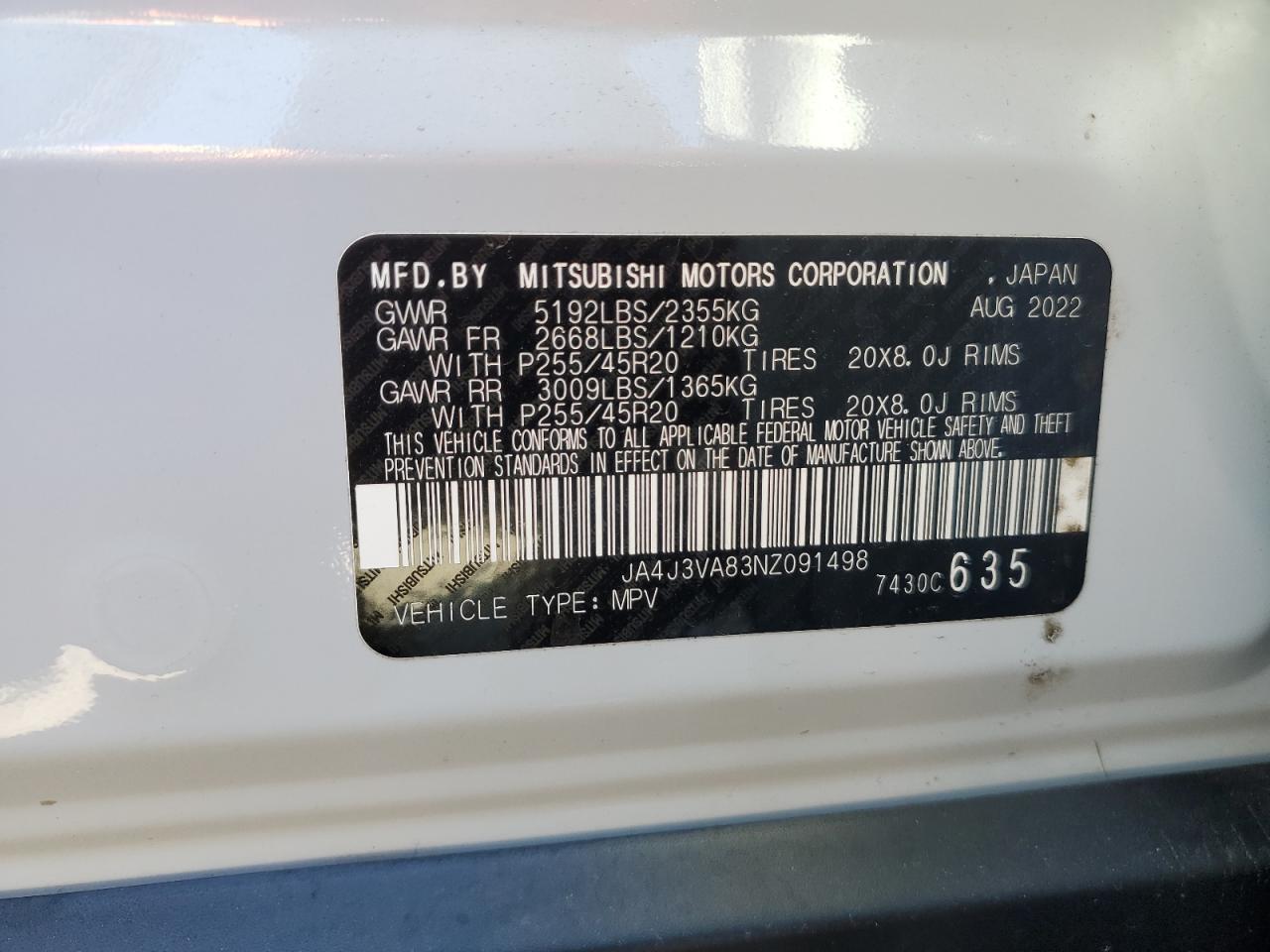 2022 MITSUBISHI OUTLANDER SEL VIN:JA4J3VA83NZ091498