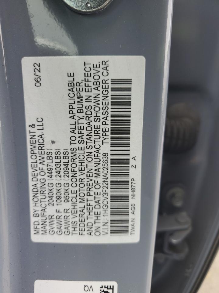 2022 HONDA ACCORD HYBRID SPORT VIN:1HGCV3F22NA025638