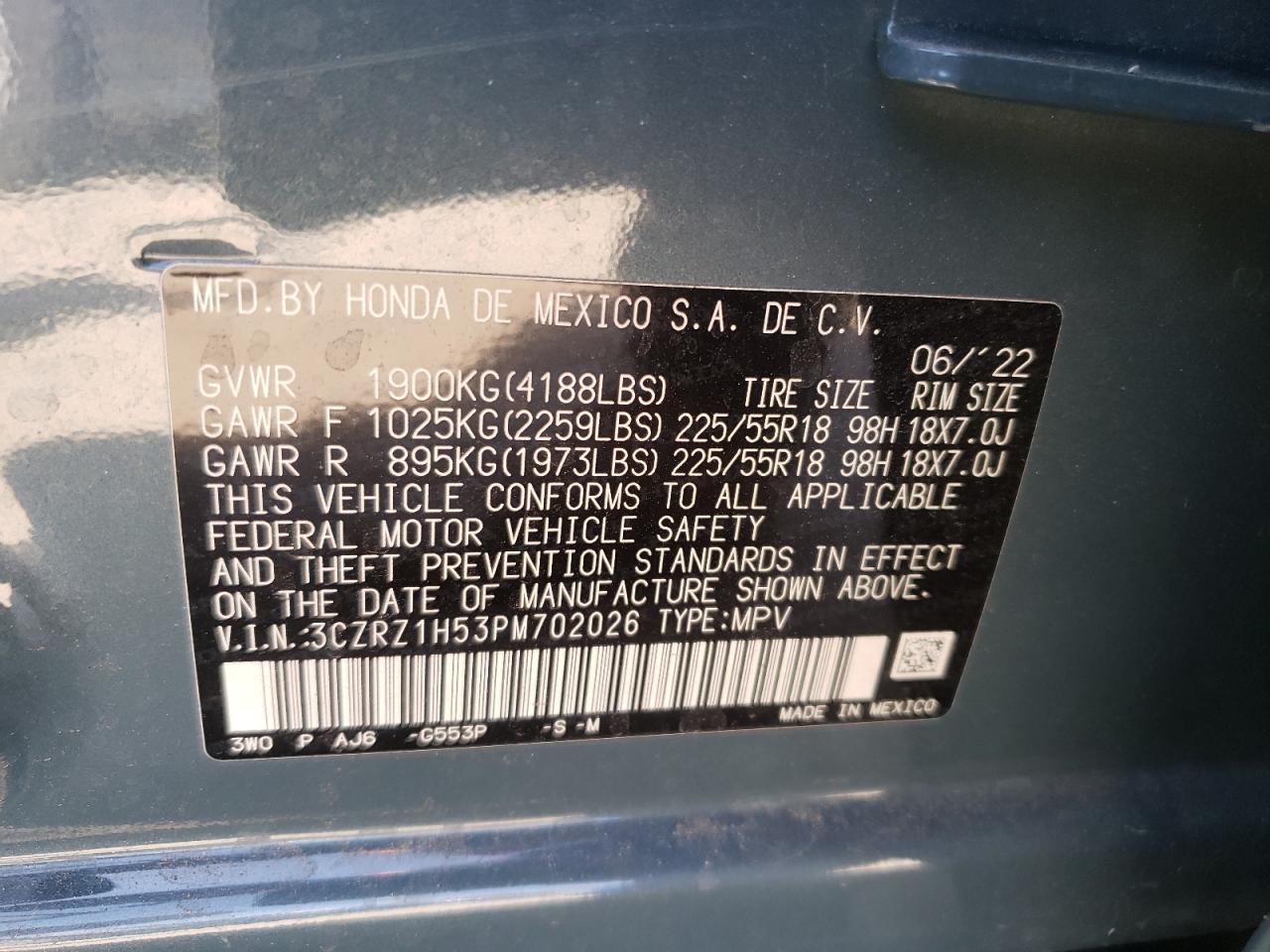 2023 HONDA HR-V SPORT VIN:3CZRZ1H53PM702026
