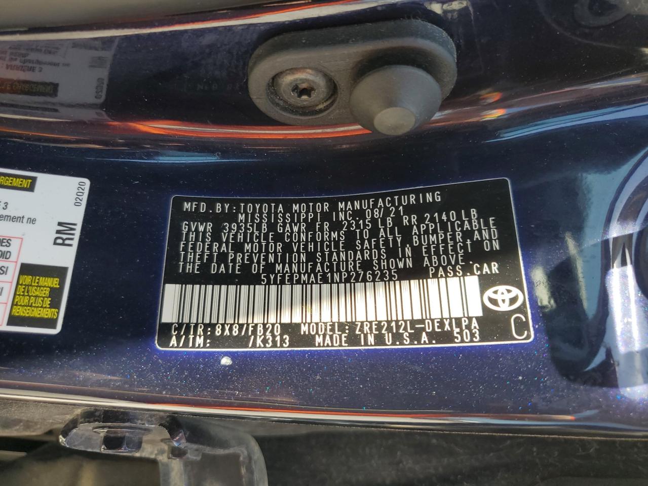 2022 TOYOTA COROLLA LE VIN:5YFEPMAE1NP276235