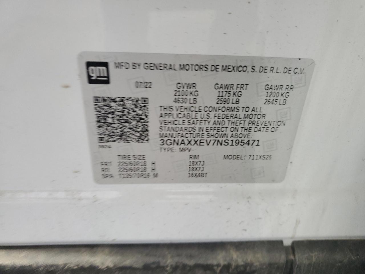 2022 CHEVROLET EQUINOX PREMIER VIN:3GNAXXEV7NS195471