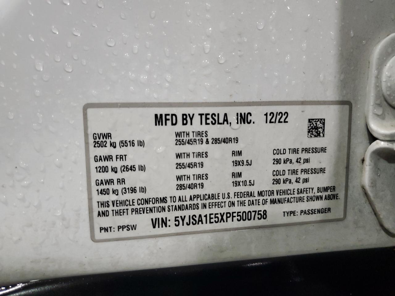 2023 TESLA MODEL S VIN:5YJSA1E5XPF500758