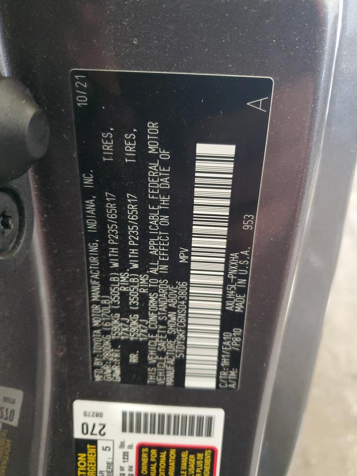 2022 TOYOTA SIENNA XLE VIN:5TDYSKFC6NS043806