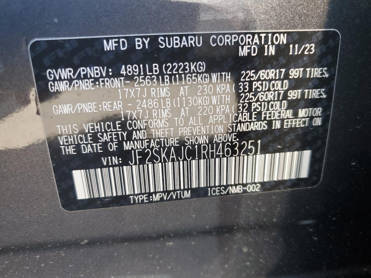 2024 SUBARU FORESTER WILDERNESS VIN:JF2SKAJC1RH463251