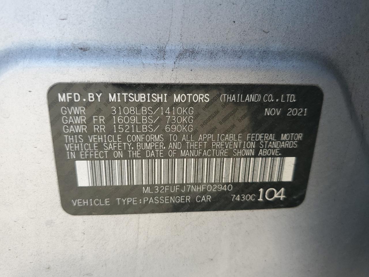 2022 MITSUBISHI MIRAGE G4 ES VIN:ML32FUFJ7NHF02940
