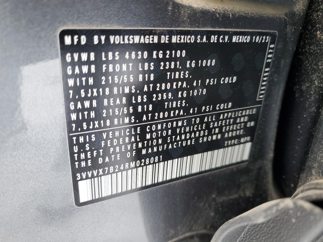 2024 VOLKSWAGEN TAOS SE VIN:3VVVX7B24RM028081